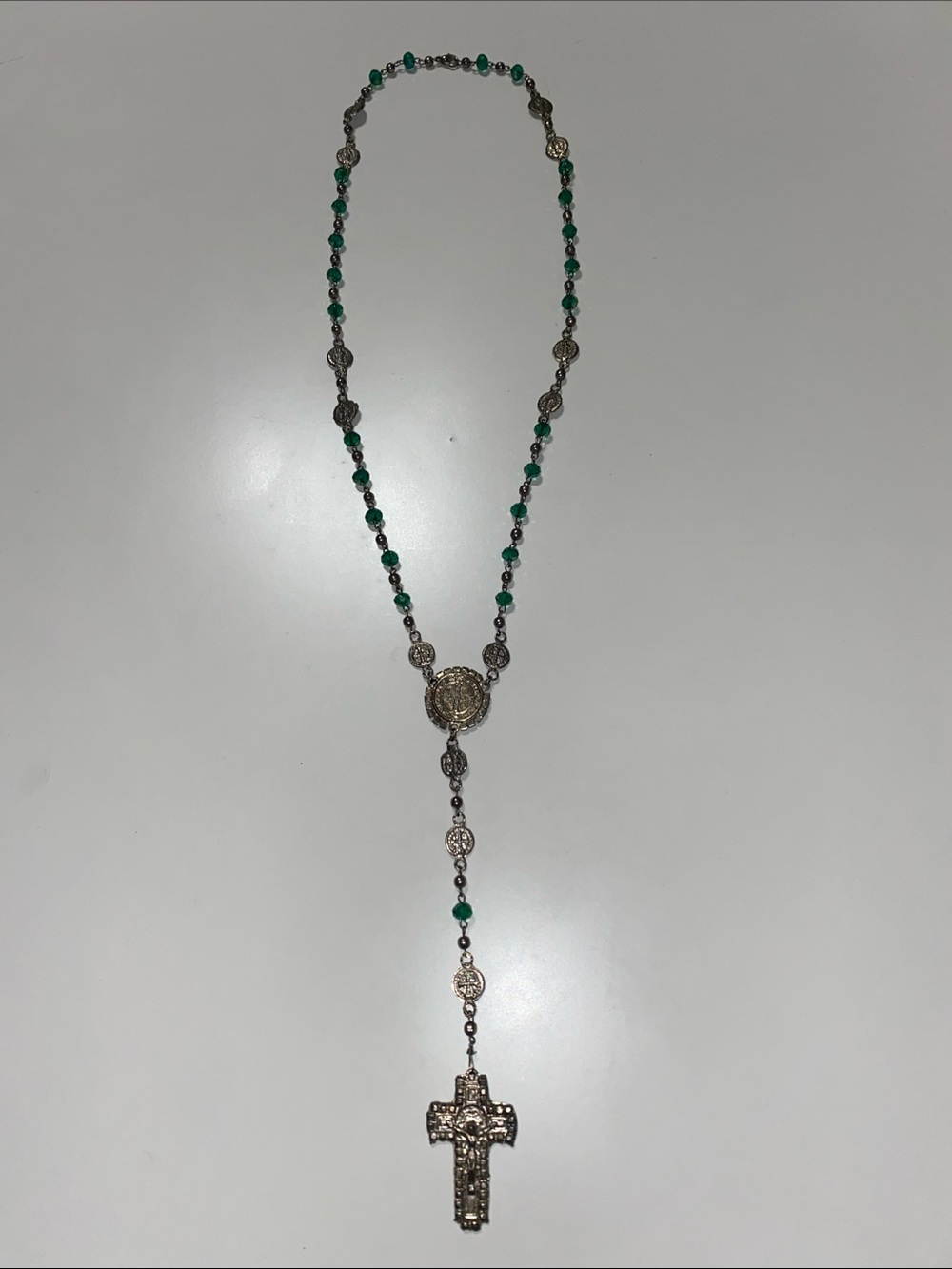 Religious Delicate Green Bead Cross Pendant Necklace Rosary Style
